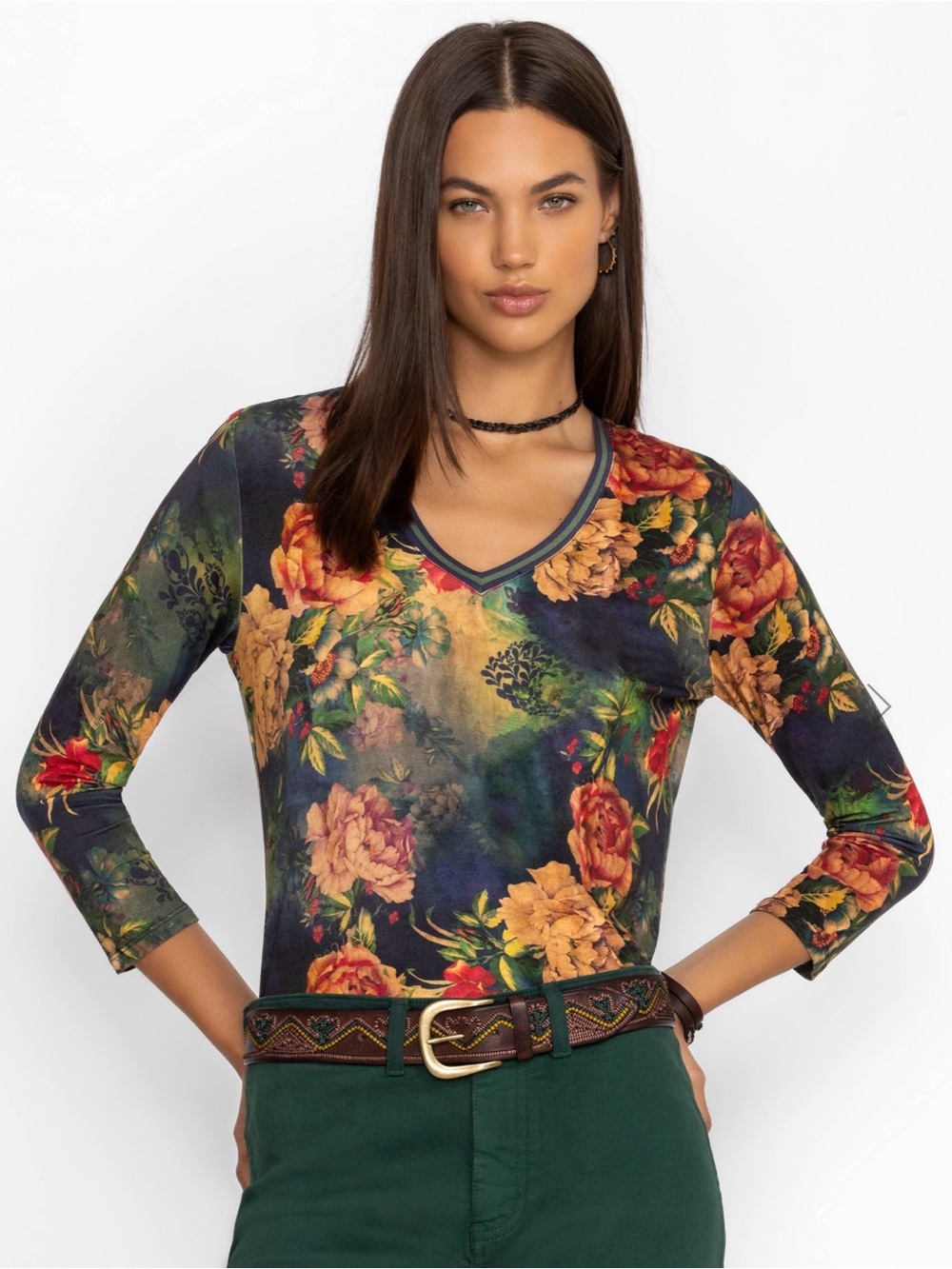 Johnny Was The Janie Favorite 3/4 Sleeve V-Neck Tee Top Catalina Floral Boho M